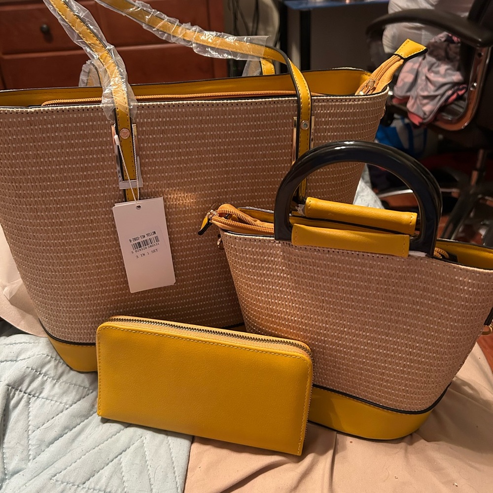Yellow and Tan Tote Bag Set with Textured Design